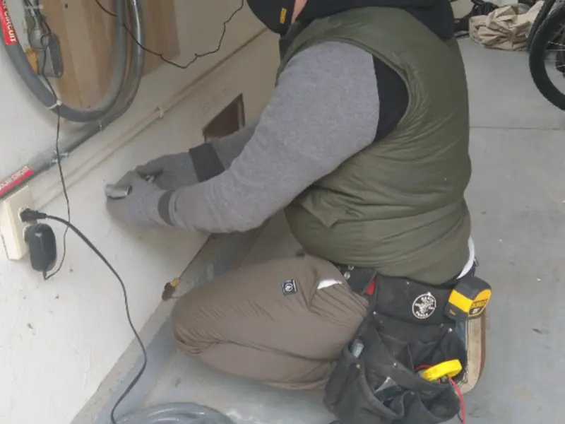 Electrician performing outlet wiring in a Orono garage